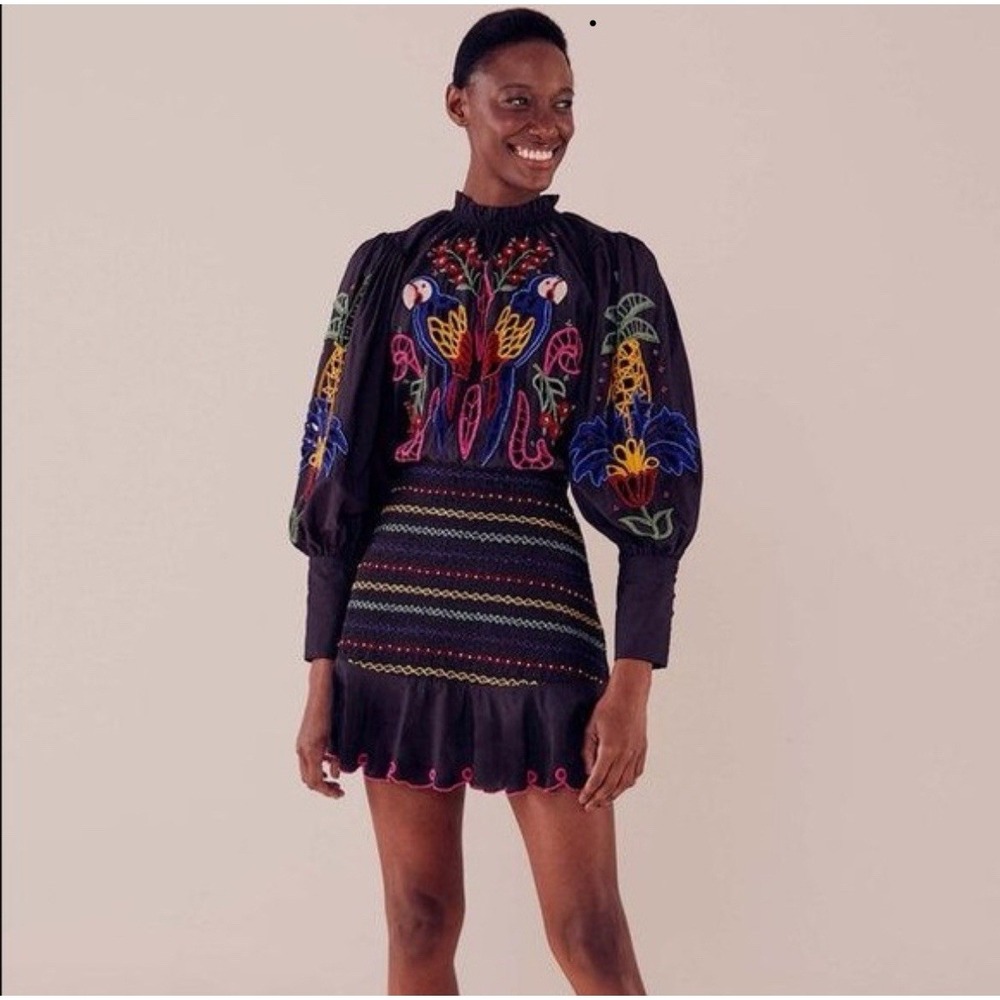 Farm Rio Women's Long Sleeve Tropical Tapestry Embroidered Boho Dress Size M